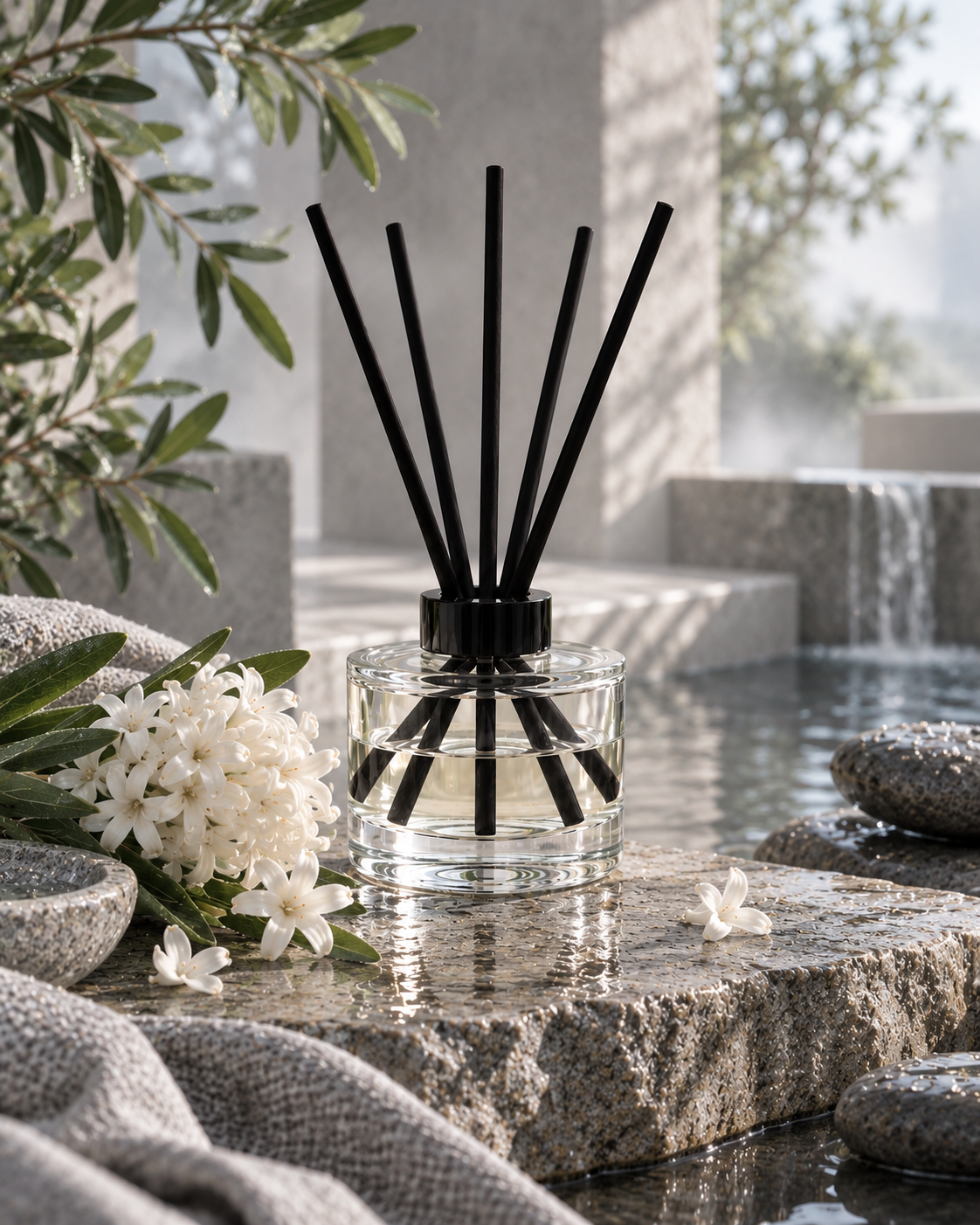 A clear glass reed diffuser bottle with black diffuser sticks stands on a stone surface beside water, with white flowers and green leaves around it in a serene outdoor setting.