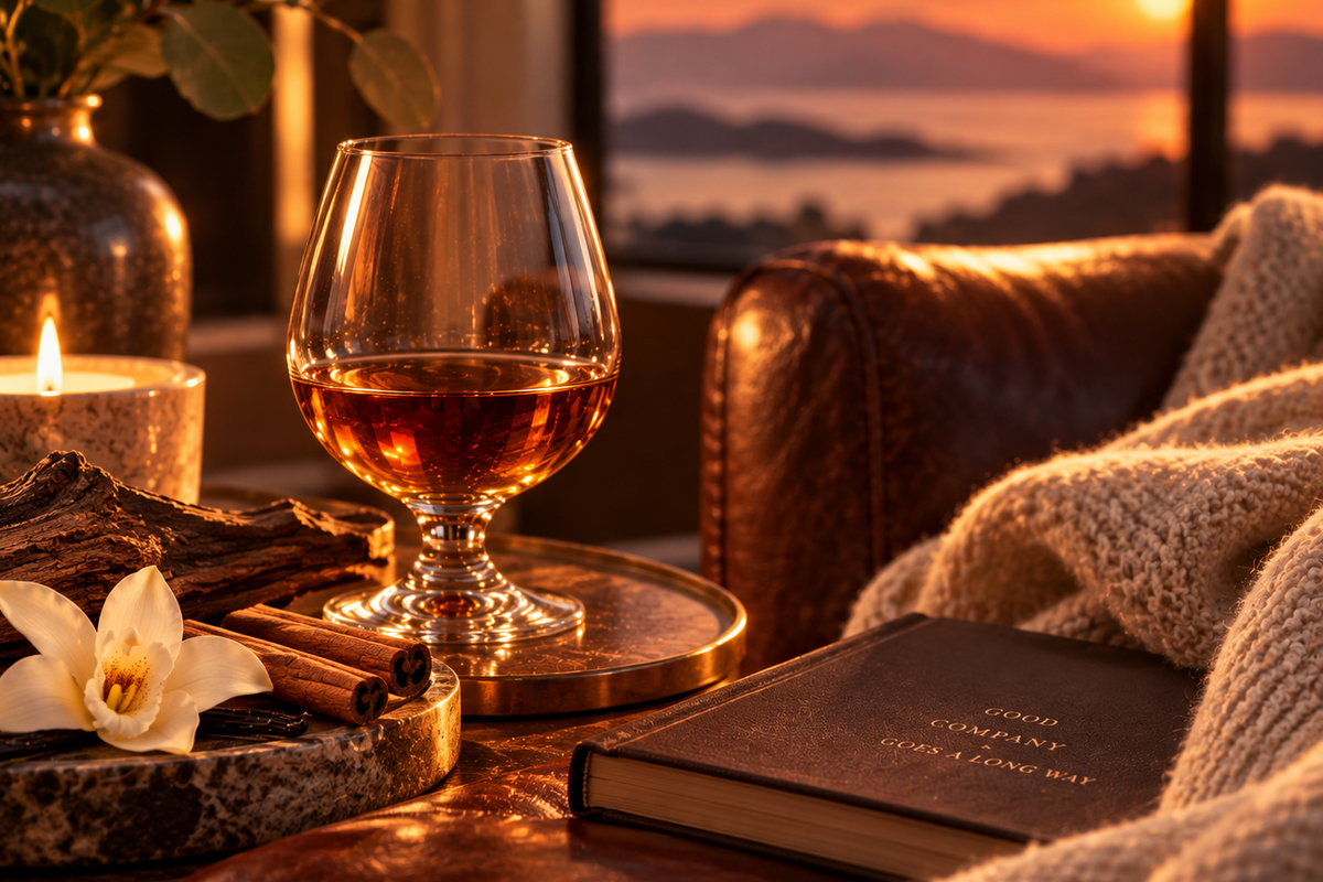 A stemmed glass filled with amber liquor sits on a tray on a wooden table in a cozy indoor setting at sunset. A lit candle, a white flower, cinnamon sticks, a dark leather armchair, and a knitted blanket are visible, with a book in the foreground and a scenic window view behind.