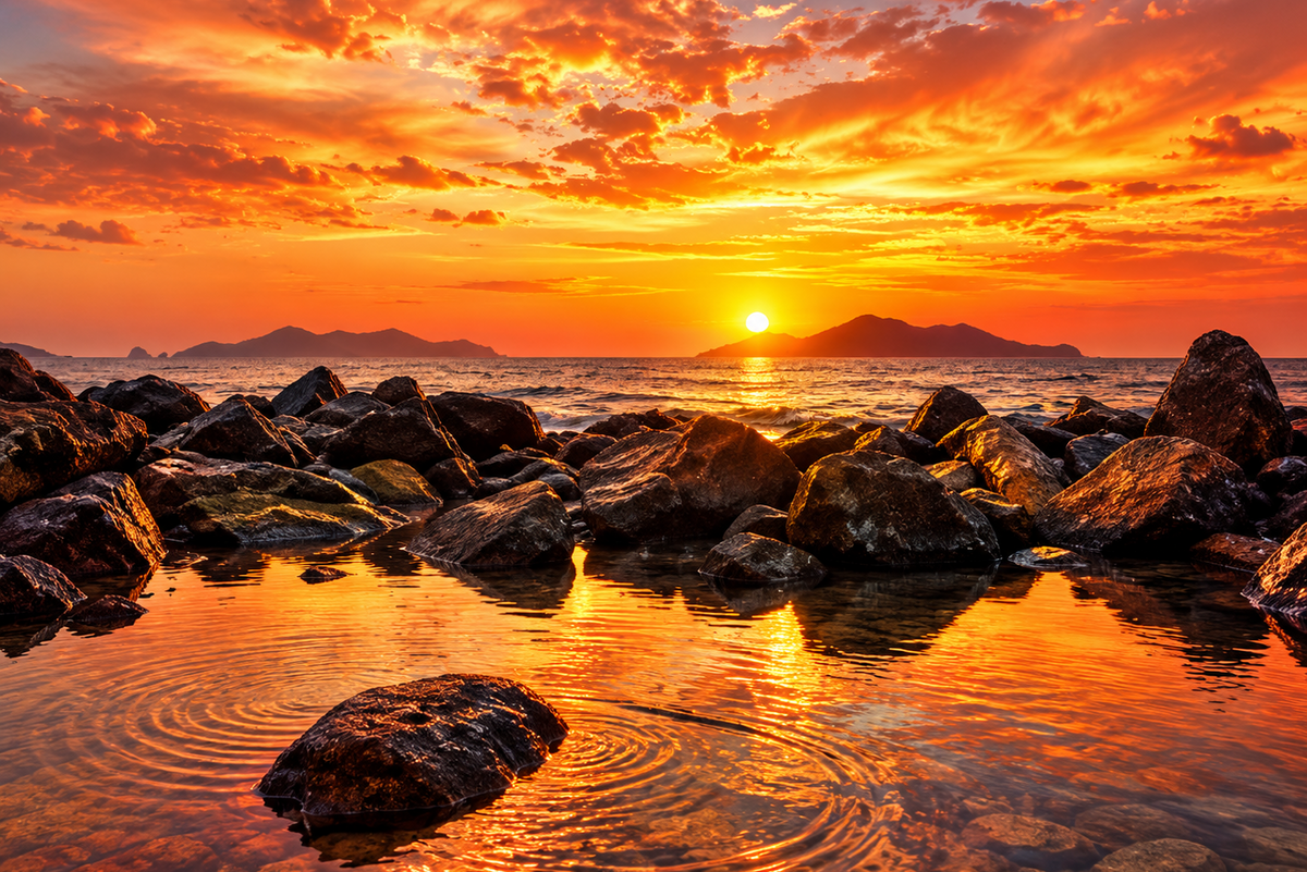 A dramatic sunset over the ocean with orange and yellow clouds, a glowing sun near the horizon, dark rocks in the foreground, and reflective water.