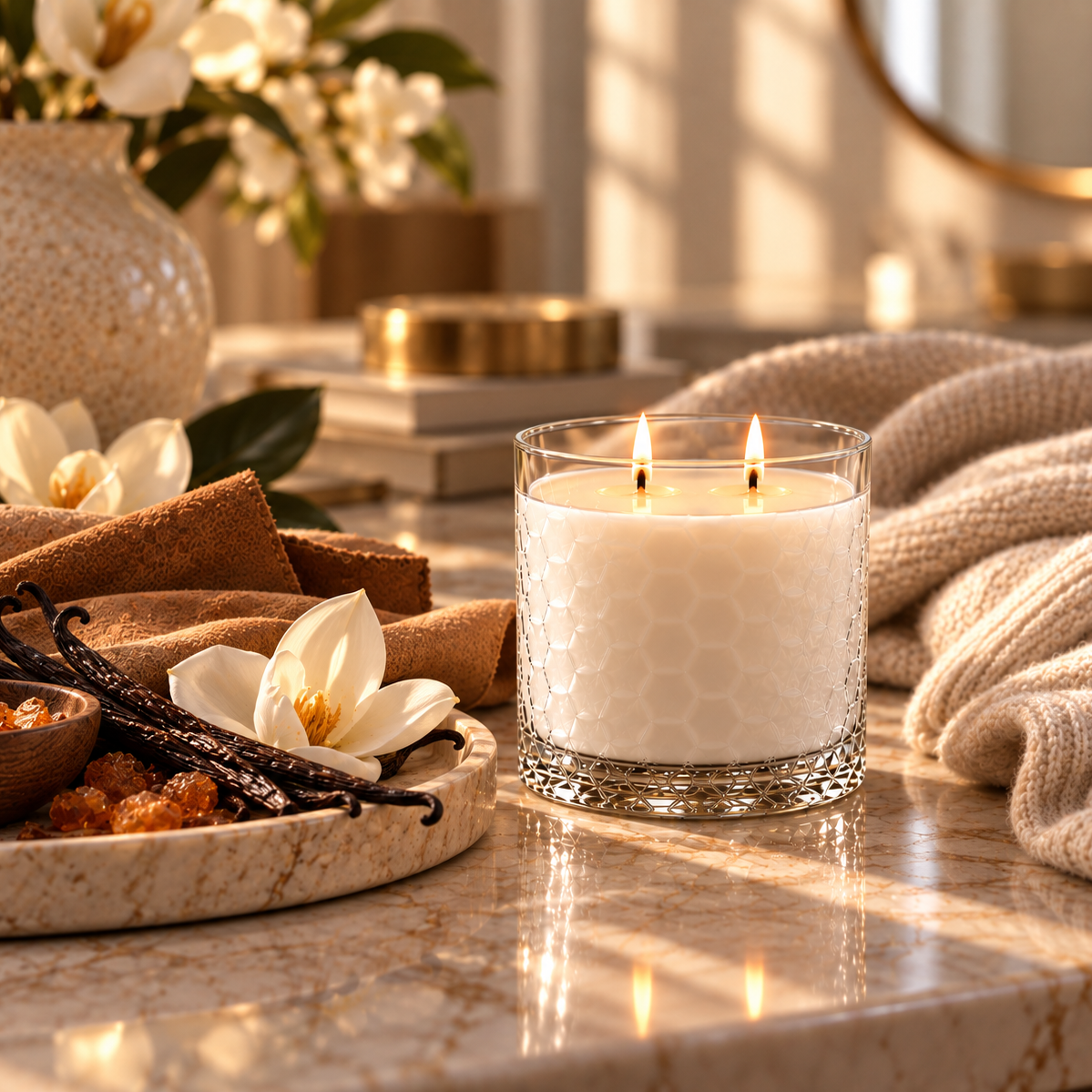 A lit white candle in a textured glass jar sits on a marble surface in a warm, styled interior scene with a knitted blanket, flowers, and folded brown paper goods.