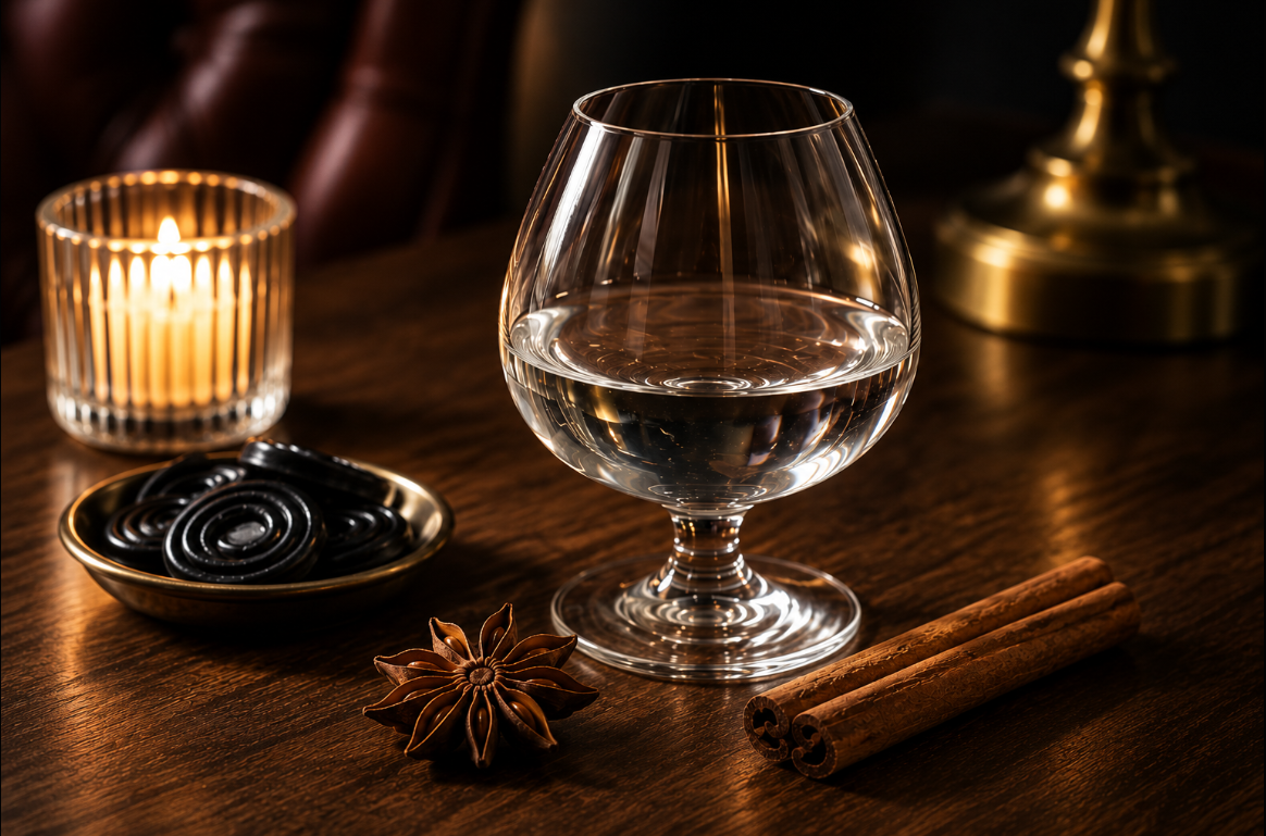A clear glass snifter filled with clear liquid sits on a dark wooden table, surrounded by a lit candle, a small dish of dark coiled objects, a star anise, and cinnamon sticks in a warm, moody setting.