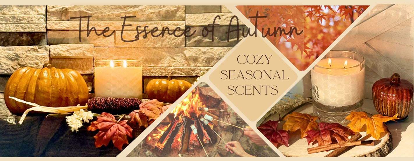 Autumn-themed candle display with pumpkins, fall leaves, and cozy seasonal decor, featuring the tagline 'The Essence of Autumn — Cozy Seasonal Scents'