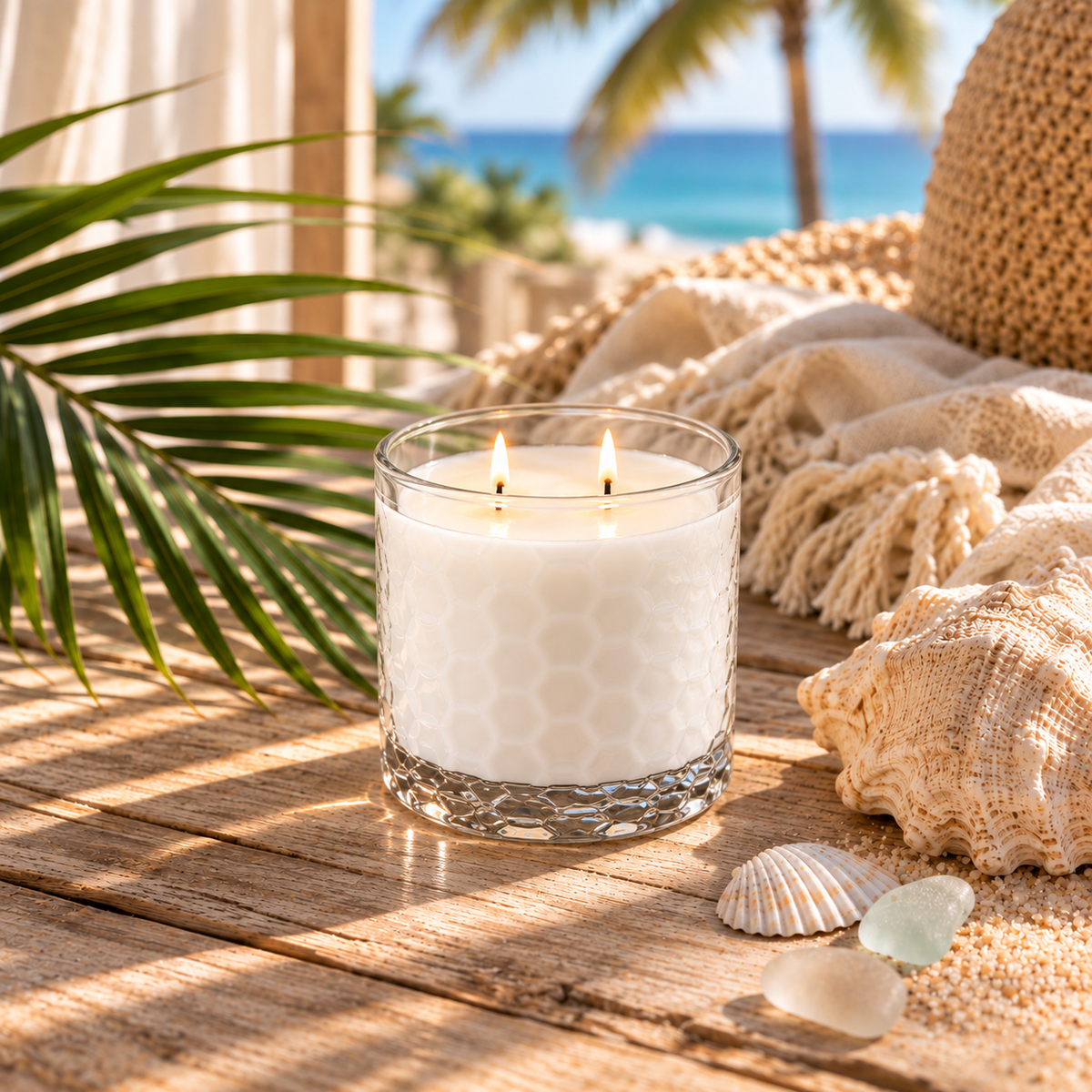 A double-wick candle in a textured clear glass jar sits on a wooden surface outdoors near the beach, surrounded by palm leaves, shells, a woven throw blanket, and sand.