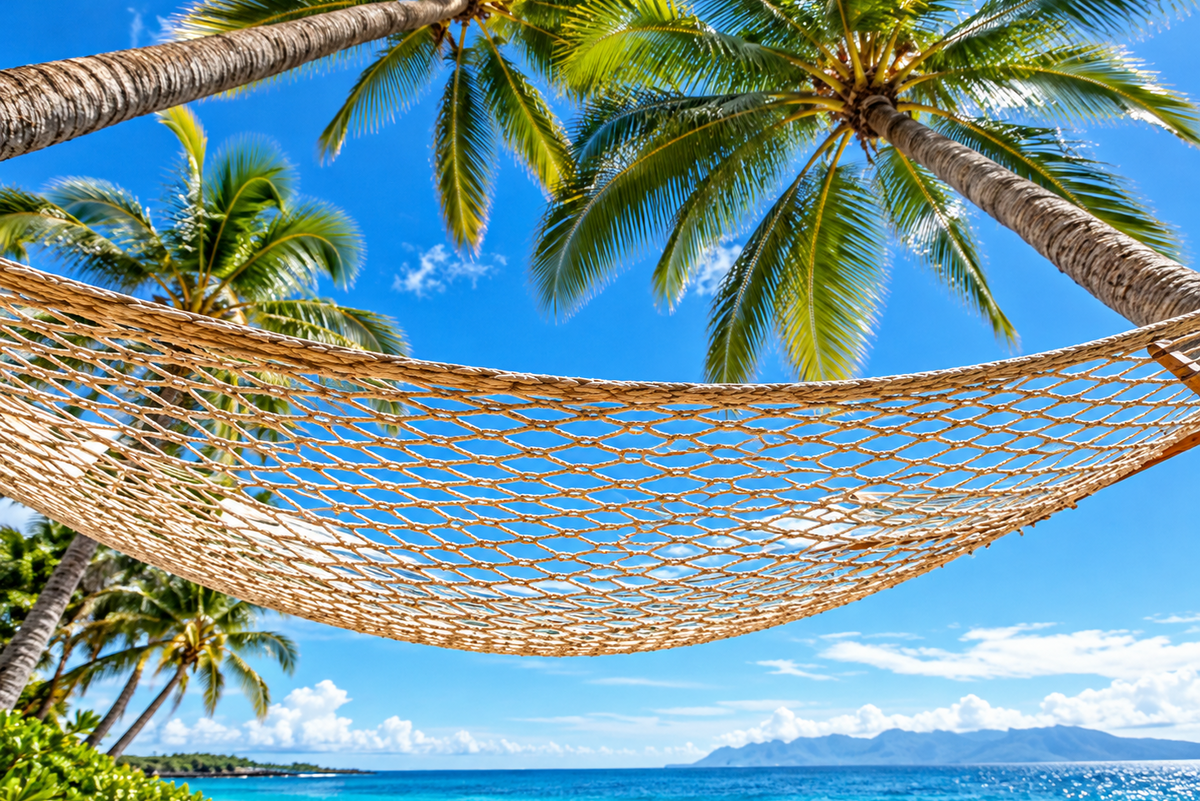 A woven rope hammock strung between palm trees over a tropical beach with turquoise ocean water, sandy shore, and distant mountains.