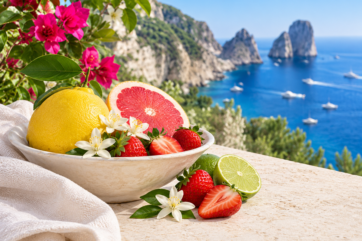 A bowl of fresh fruit including a yellow lemon, a sliced pink grapefruit, strawberries, and limes on a stone ledge, with a scenic view of a blue sea, cliffs, and boats in the background.