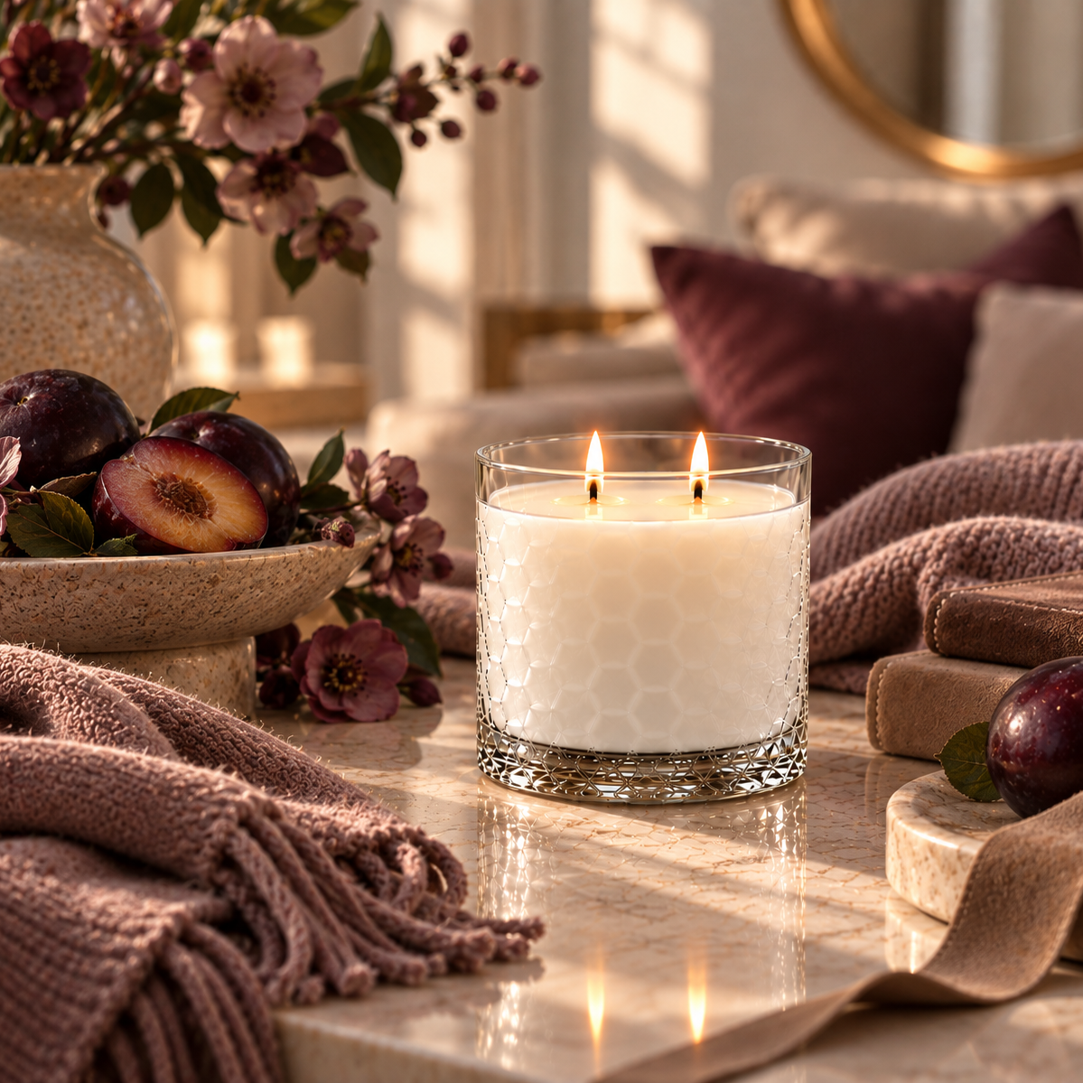 A lit double-wick candle in a textured clear glass jar sits on a marble table in a warm, styled interior setting with a knit blanket, plums, flowers, and cushions in the background.