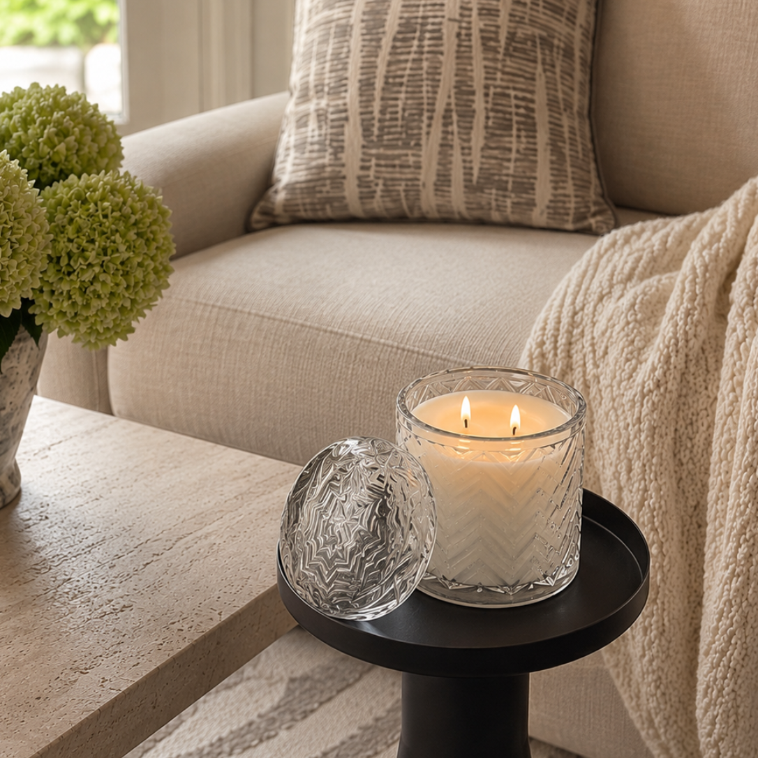 A lit white candle in a clear textured glass jar sits on a black side table in a cozy living room setting with a beige sofa, patterned throw pillow, and green hydrangeas in the background.