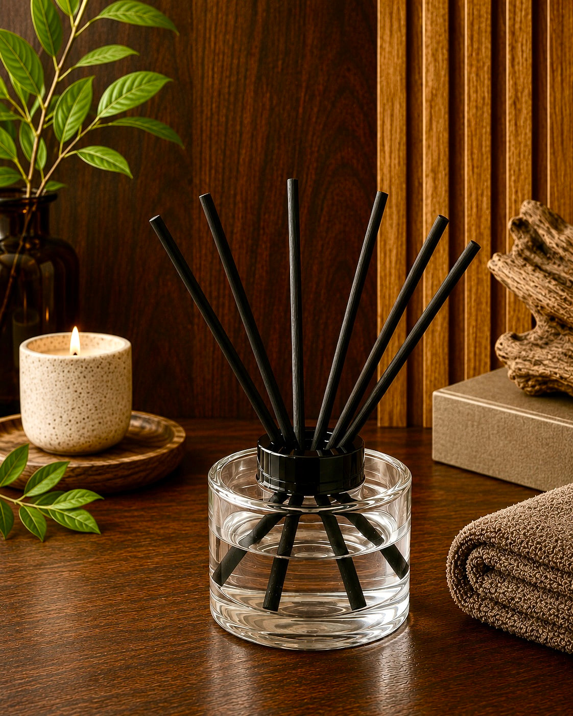 A clear glass reed diffuser with black reeds and a black collar, placed on a dark wooden table with a lit candle, folded towel, and wood decor in the background.