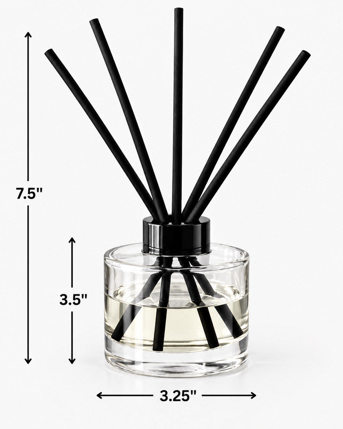 Eclipse reed diffuser with clear glass vessel, black collar and black reeds, shown with dimensions of 7.5 inches tall, 3.5 inches vessel height and 3.25 inches wide.