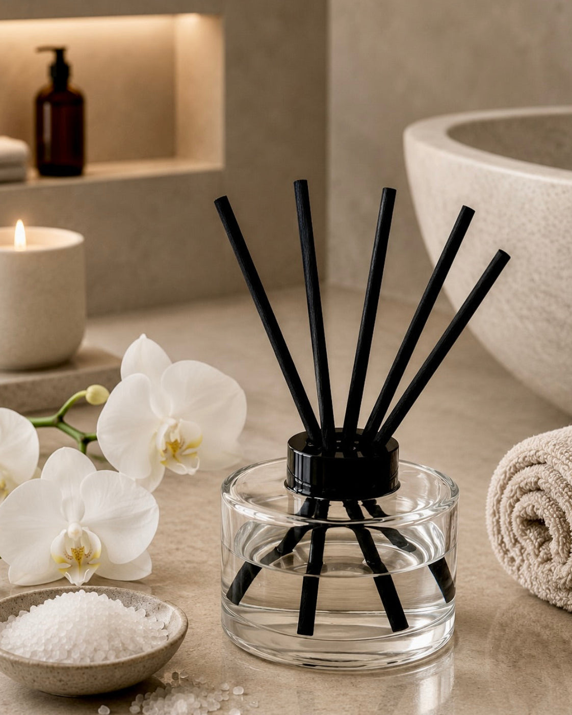 A clear glass reed diffuser bottle with black reeds stands on a beige stone surface, styled with white orchids, a lit candle, bath salts, a rolled towel, and a large vessel in the background.