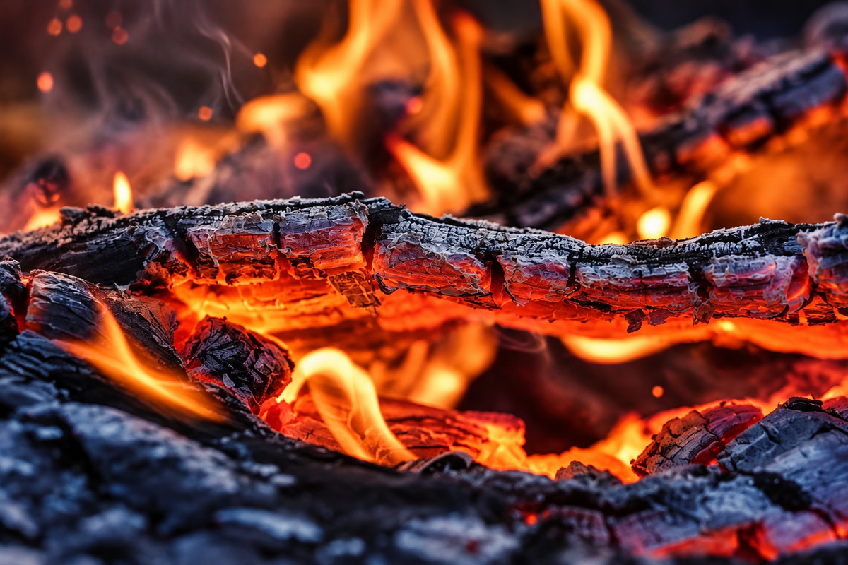 Close-up of burning wood logs with bright orange and yellow flames, glowing embers, and dark charred bark.