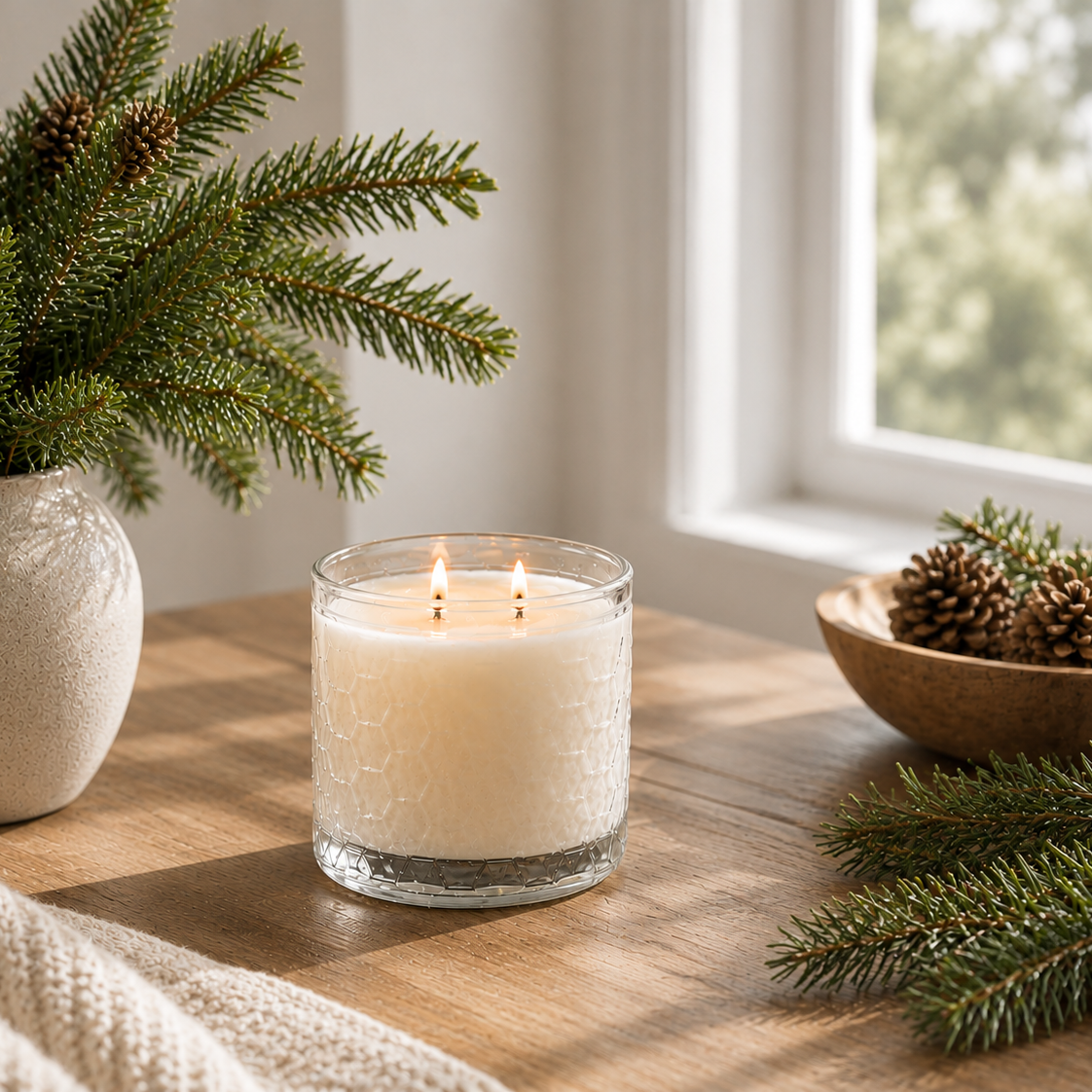 A lit cream-colored candle in a textured clear glass jar sits on a wooden table in a cozy indoor setting, surrounded by pine branches, a ceramic vase, and a bowl of pinecones near a window.