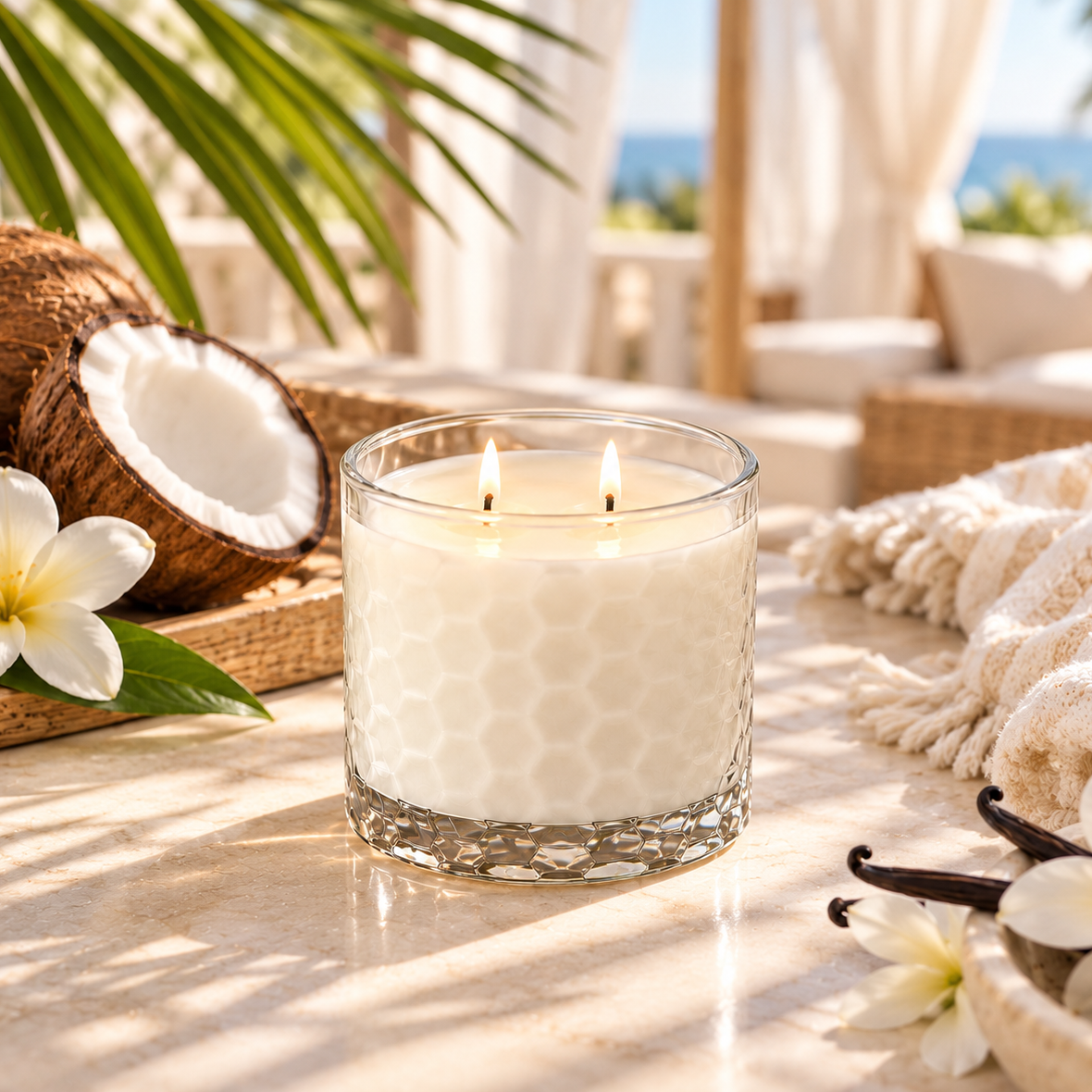 A double-wick candle in a clear glass jar with a textured honeycomb pattern, styled on a beach-themed patio with coconuts, white flowers, a woven throw blanket, and a blurred ocean background.
