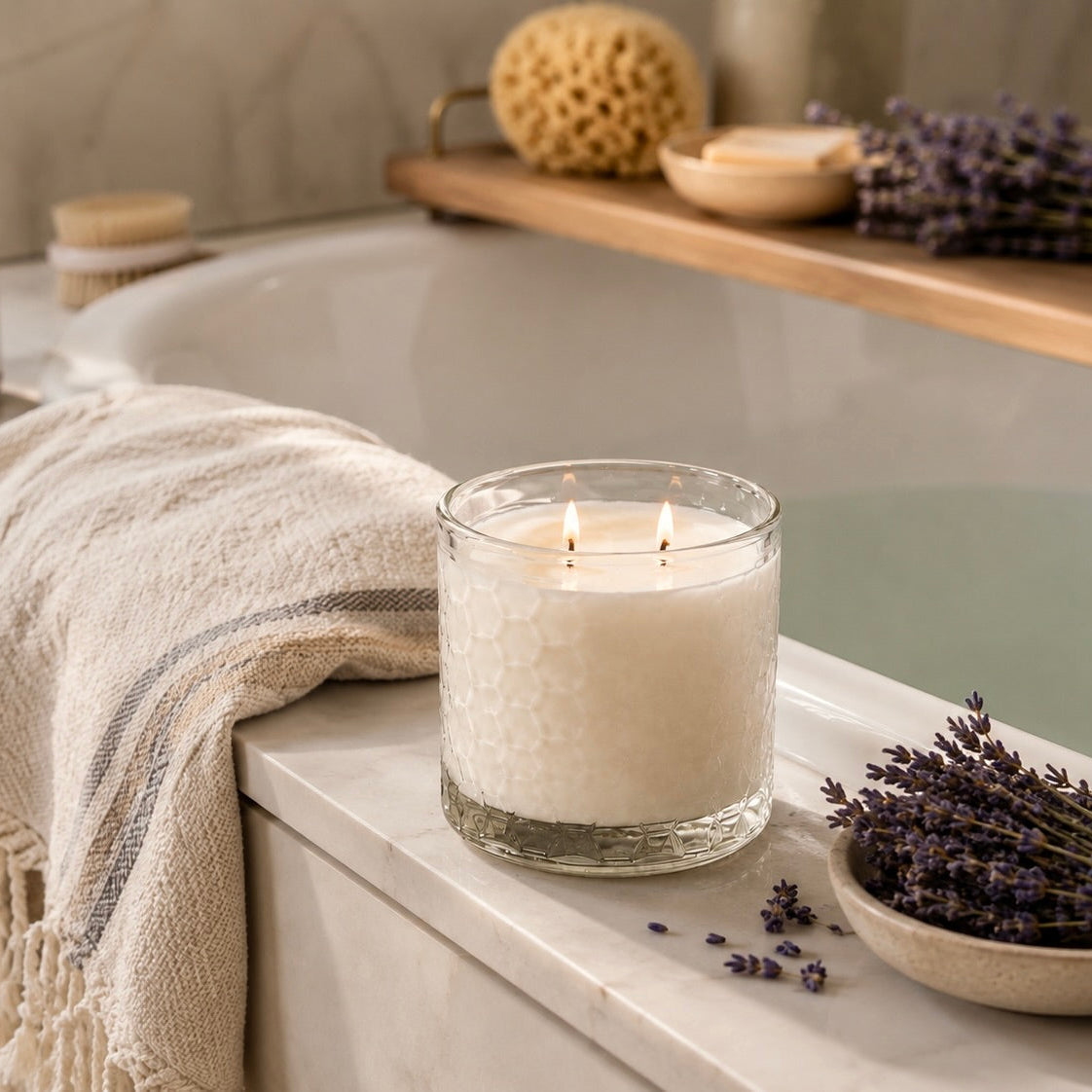 A lit white candle in a clear glass jar sits on a white marble bathroom ledge beside a bathtub, with a beige towel draped over the tub, lavender sprigs in a bowl, and bath accessories in the background.