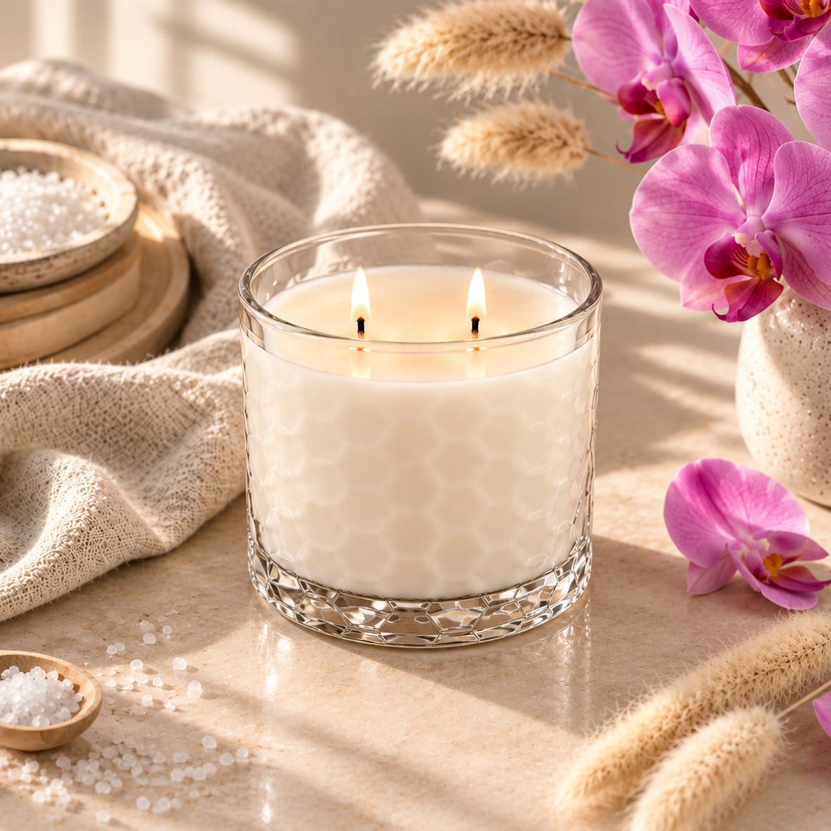 Salted Orchid HexaGlow candle with pink orchids and sea salt.