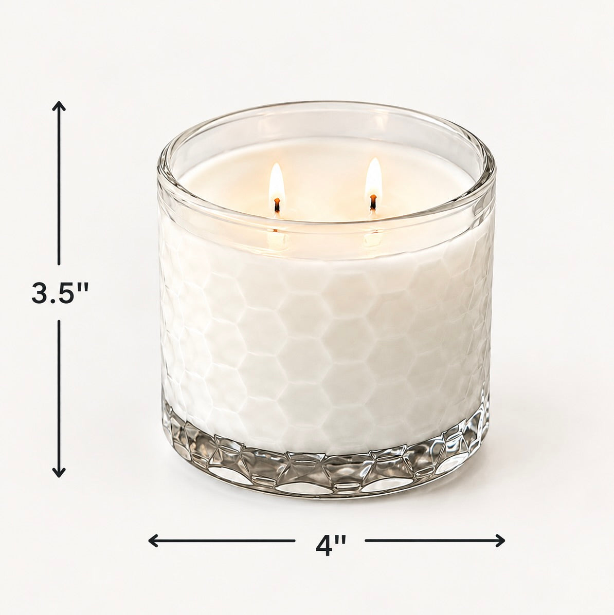 HexaGlow candle in clear faceted glass, measuring 3.5 inches tall and 4 inches wide
