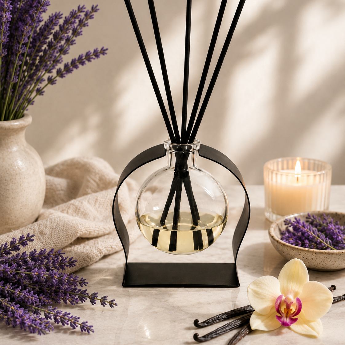 A reed diffuser with a clear glass round bottle, black metal stand, and black reeds stands on a marble surface. The scene is styled with lavender sprigs in a vase, a lit candle, a bowl of lavender, vanilla beans, and a white orchid flower.