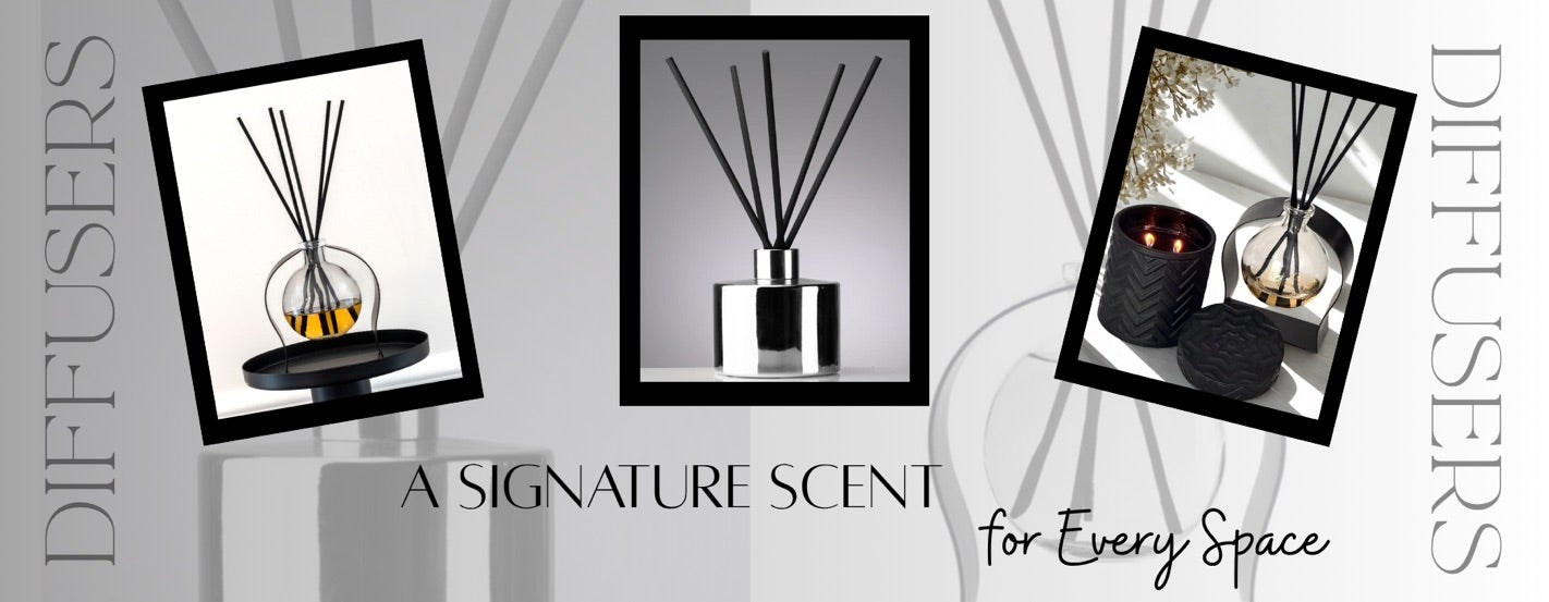 Modern reed diffusers in sleek glass and metallic containers, featuring the tagline 'A Signature Scent for Every Space'