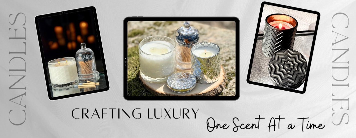 Luxury candles in decorative glass jars displayed with matches, featuring the tagline 'Crafting Luxury One Scent at a Time