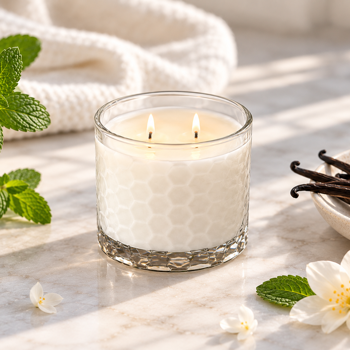 Minted Vanille HexaGlow candle with fresh mint leaves, vanilla beans and white blossoms