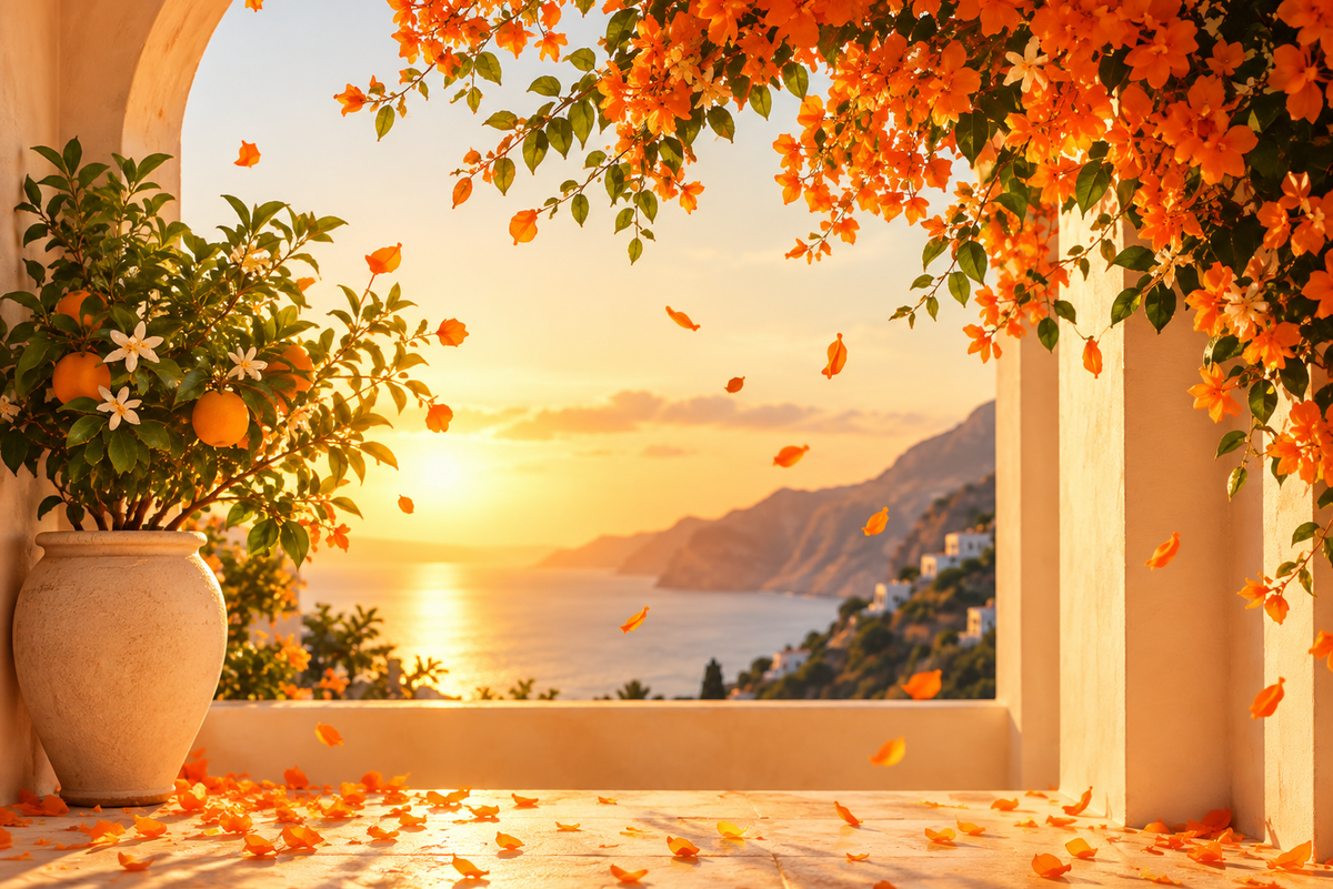 A scenic coastal sunset viewed through a sunlit stone archway, with orange flowers and petals framing the scene, a potted citrus plant on the left, and distant mountains over the sea.