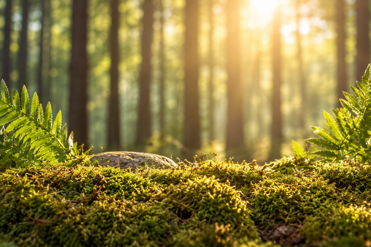 A serene forest scene with bright sunlight filtering through tall trees, green ferns, and moss-covered ground in sharp focus in the foreground.