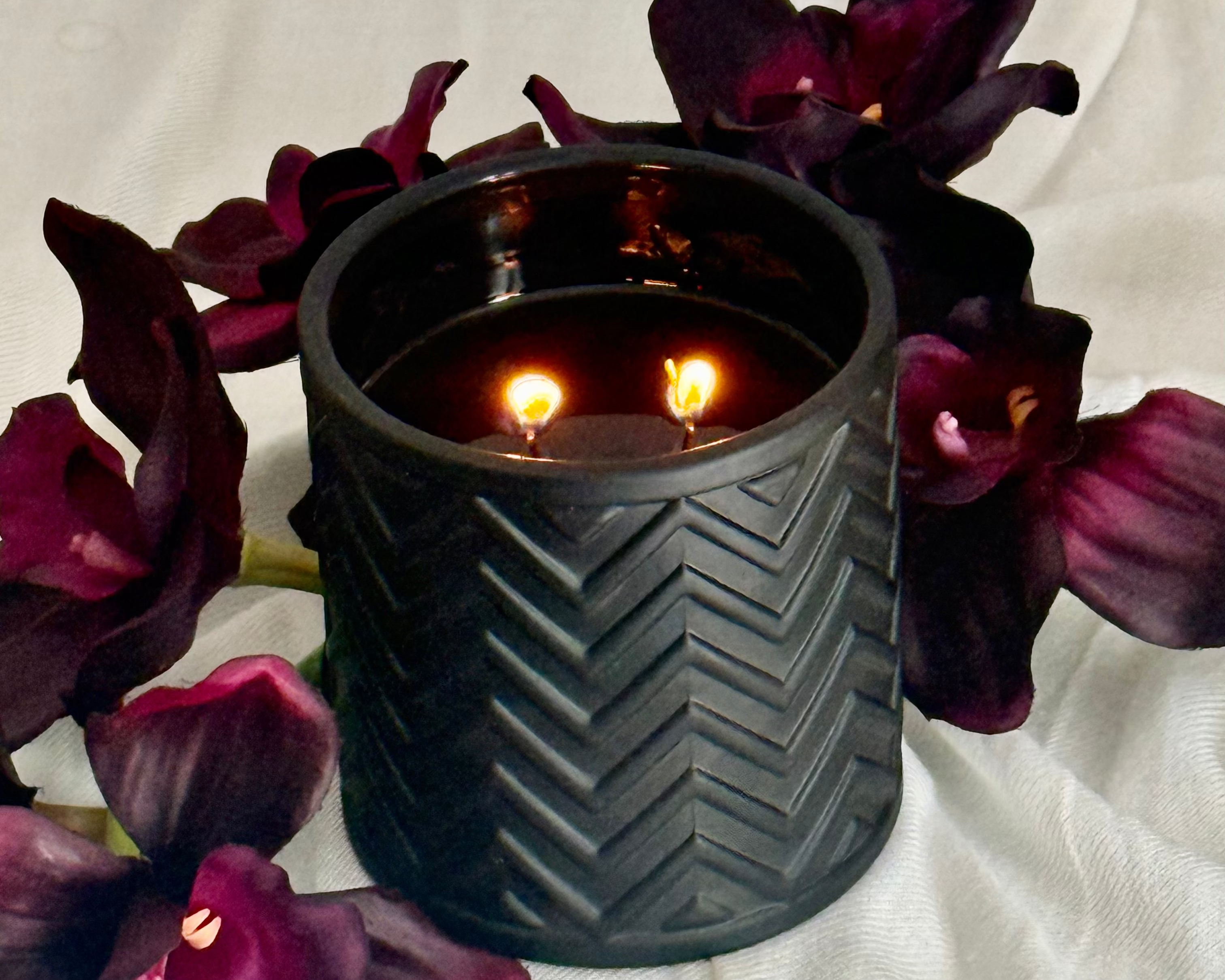 Onyx Moon Candle – forbidden angled view showing vessel texture