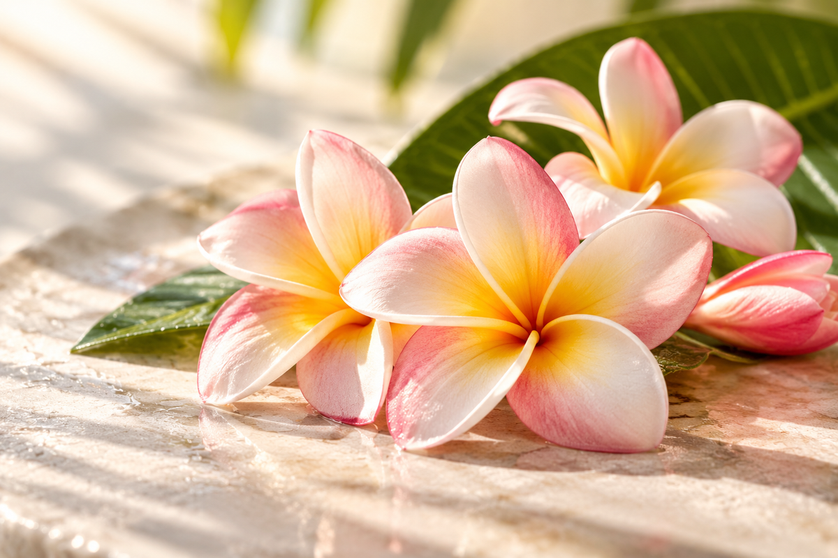 three pink, yellow and white plumeria flowers