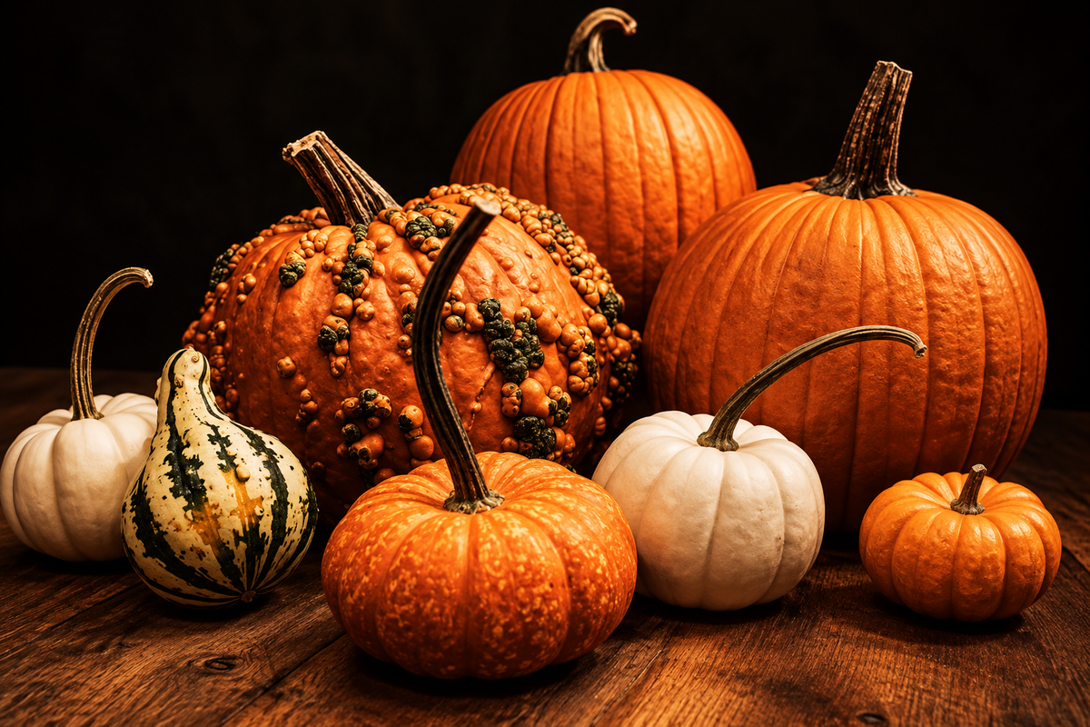 A collection of pumpkins and gourds arranged on a rustic wooden surface against a dark background. The assortment includes large orange pumpkins, a speckled orange pumpkin, a striped beige and green delicatessen, and two small white pumpkins.