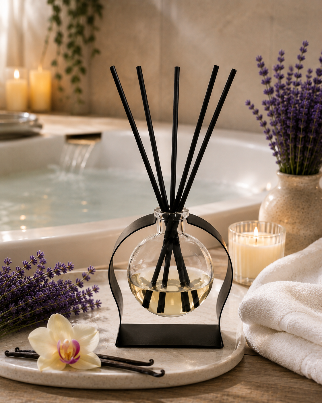 A reed diffuser with a clear glass bottle, black metal stand, and four black reeds, styled on a marble tray beside lavender, candles, a folded white towel, and a bathtub in a spa-like setting.