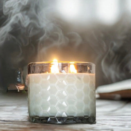 HexaGlow Candle - Amber Coast, side angle showing modern hexagonal vessel