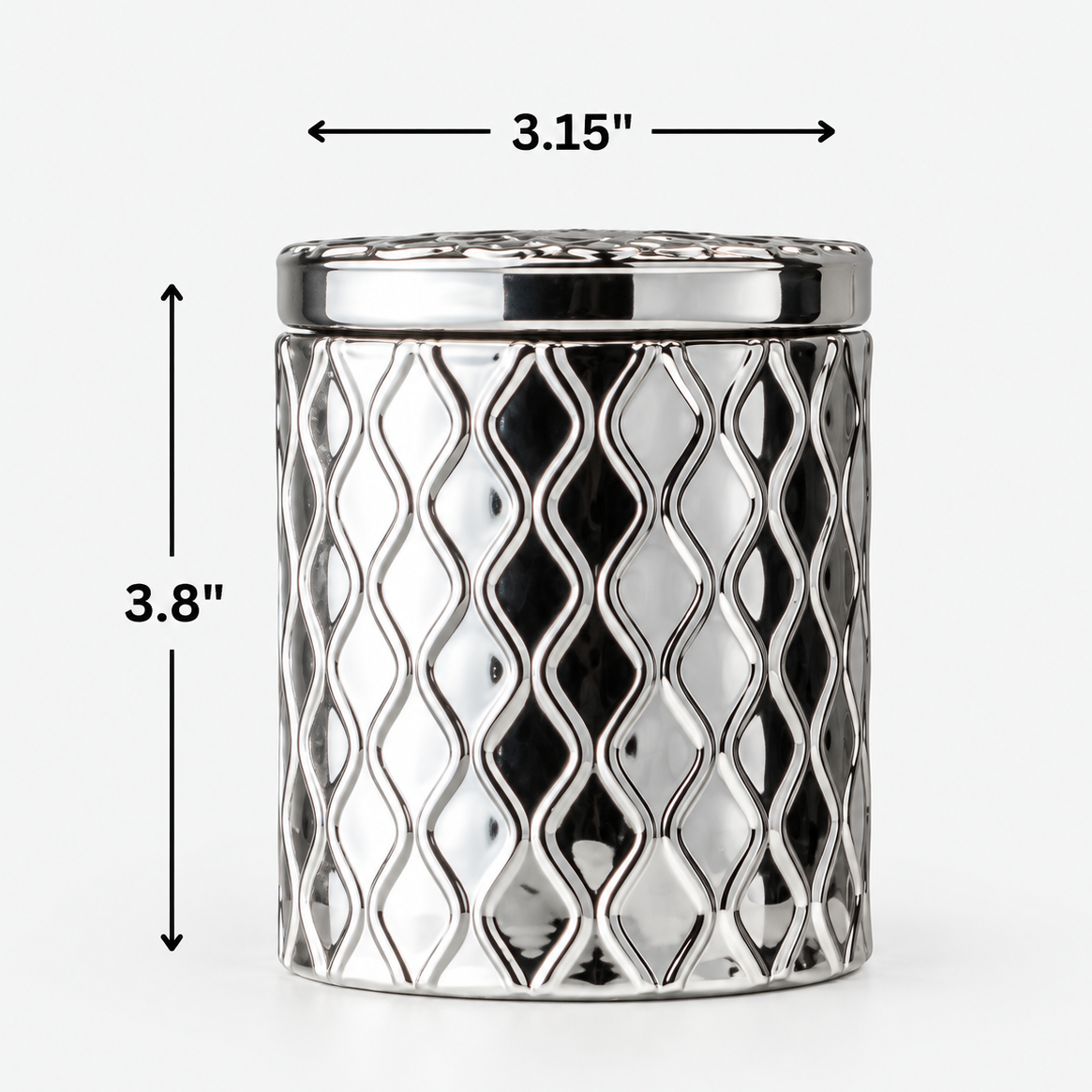 Polished silver SilverScape candle vessel with matching lid and dimensional wave pattern, shown with dimensions of 3.8 inches tall and 3.15 inches wide.