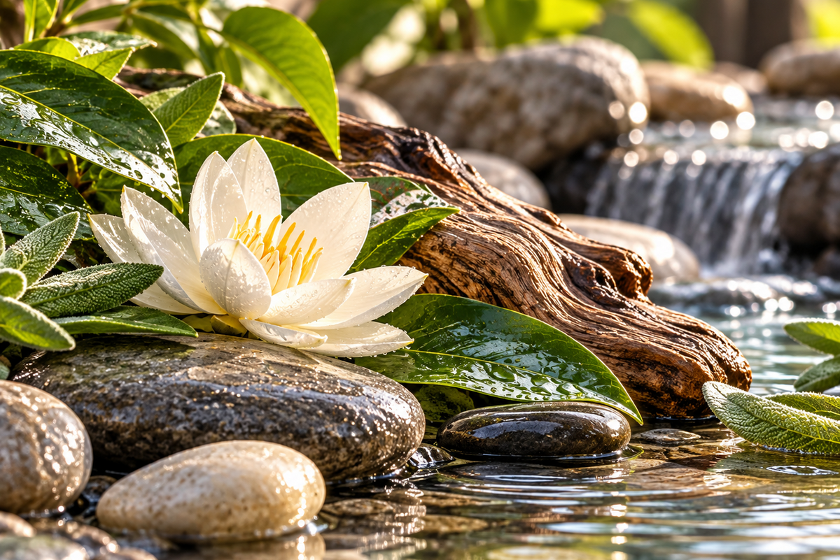 A white water lily flower with yellow stamens resting on wet rocks beside a small stream, with green leaves, smooth stones, driftwood, and a softly blurred background.