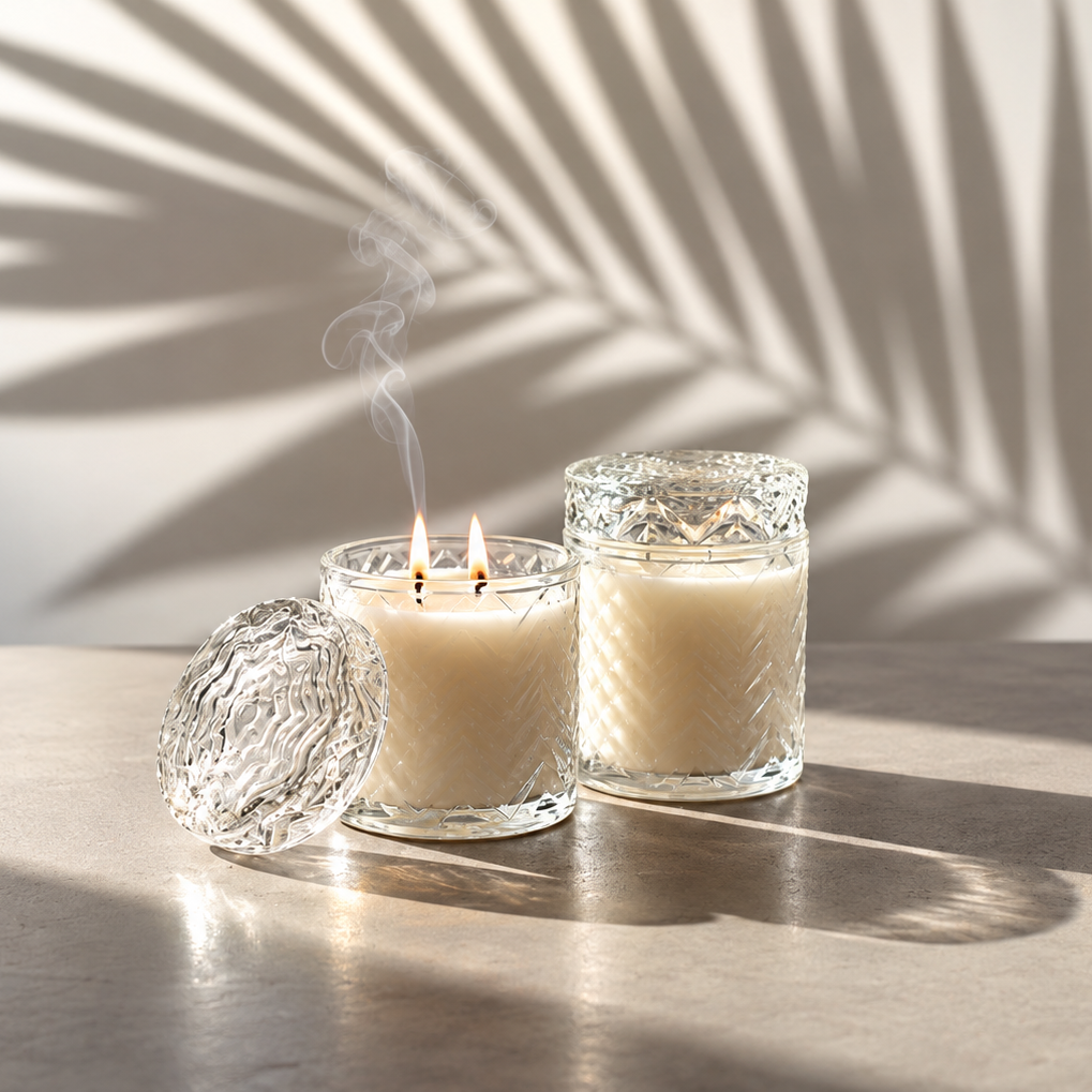 Two clear glass candles with embossed chevron glass pattern on jar and lid. One candle with lid beside and one with lid on top.