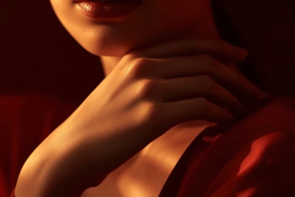 A close-up lifestyle shot of a woman's lower face, hand, and shoulder, wearing a red satin or silk garment under dramatic warm red lighting.