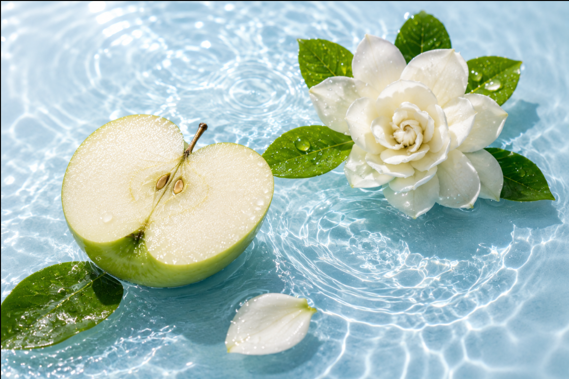 A green apple cut in half, a white flower with green leaves, and a single petal resting on rippling blue water.