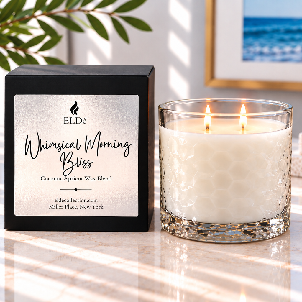 A double-wick candle in a clear glass jar sits beside its black product box on a marble surface. The box label reads 'ELiDE Whimsical Morning Bliss Coconut Sweetie Wax Blend.