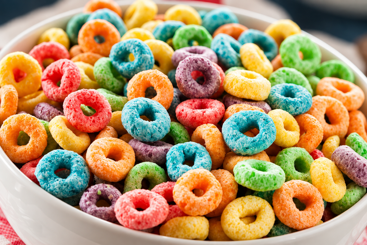 A white bowl filled with colorful cereal rings, including orange, yellow, blue, green, red, and purple pieces, photographed close up.