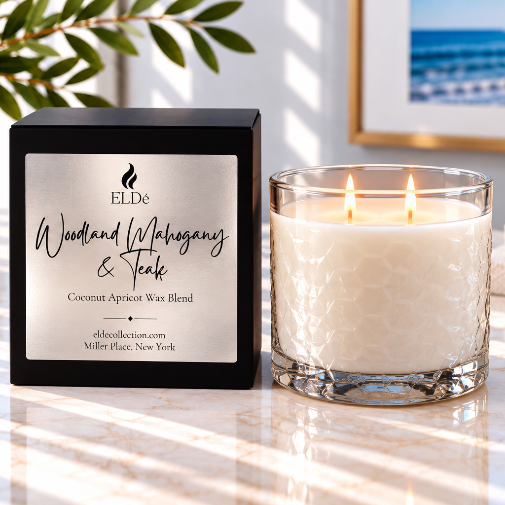 A lit double-wick candle in a textured clear glass jar sits beside its black rectangular box on a marble surface. The front label reads 'ELDe Woodland Mahogany & Teak Coconut Apricot Wax Blend' and 'eldecollection.
