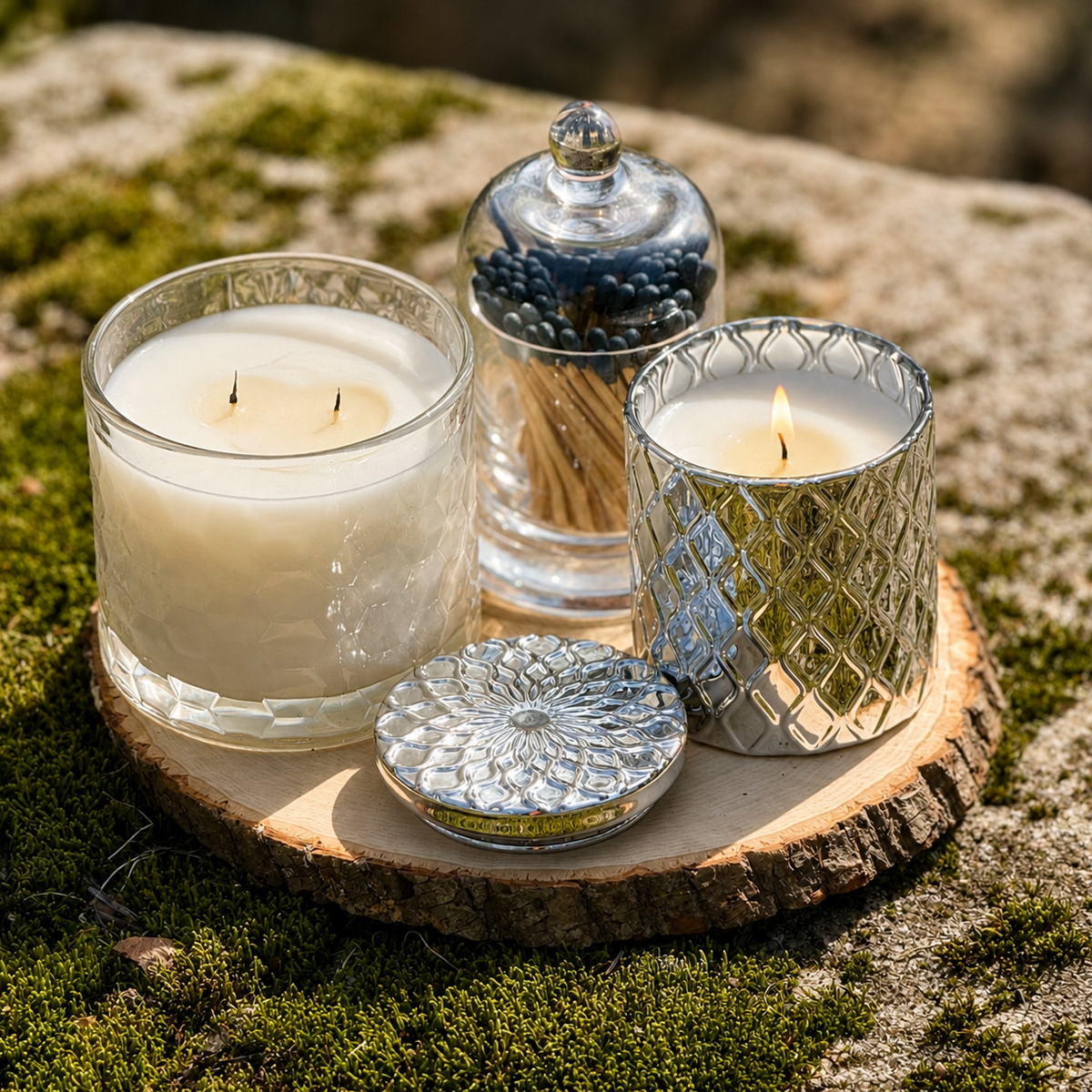 A styled arrangement of candles and a small glass jar of matches on a round wood slice, placed outdoors on mossy stone. The set includes a large white candle in a clear glass vessel, a silver faceted candle holder with a lit candle, a clear glass apothecary-style jar with a silver lid, and a small glass jar containing dark blue matches.