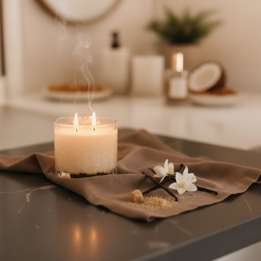 Candle with vanilla beans and flowers on a kitchen counter