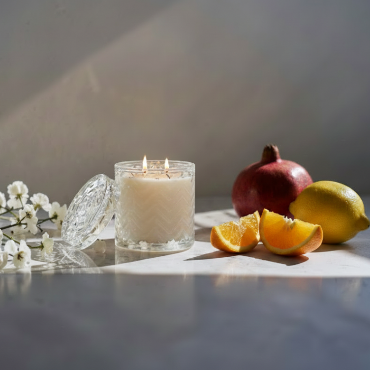 A lit white candle in a clear glass jar sits on a tabletop with a matching glass lid beside it, styled with white blossoms, a pomegranate, and orange slices against a gray wall with strong sunlight and shadows.