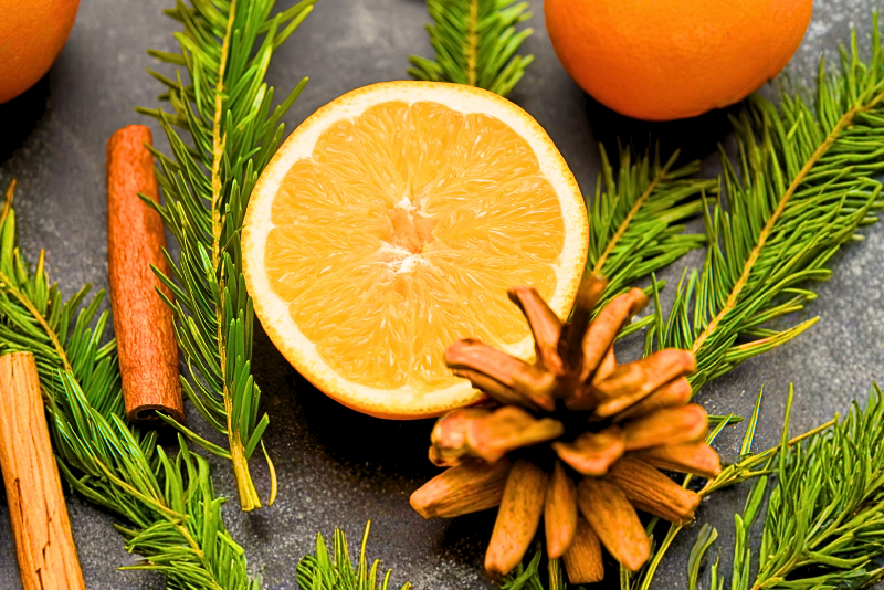 Oranges, cinnamon sticks, and pine cones on a dark surface with green foliage.