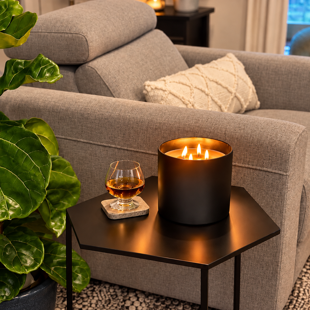 ELDé Fireplace Candle with four glowing wicks in a matte-black vessel on a side table beside a sofa.