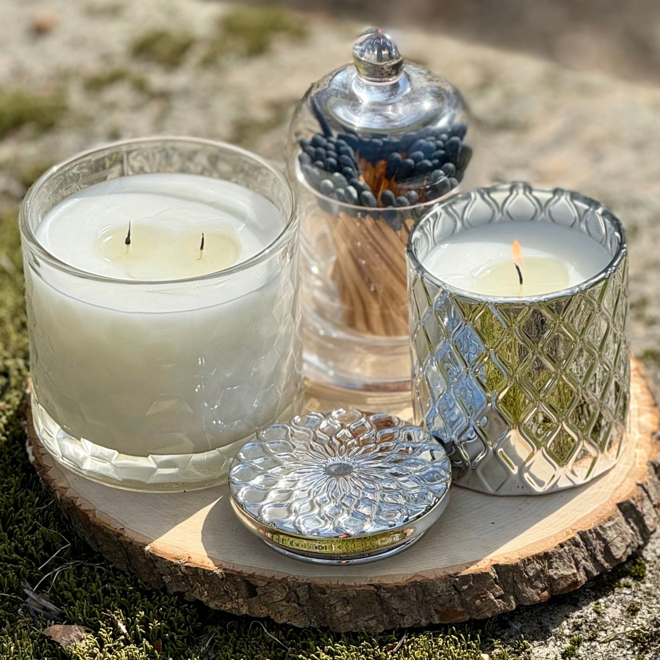 HexaGlow Candle - Oakmoss & Amber Grove, side angle showing modern hexagonal vessel