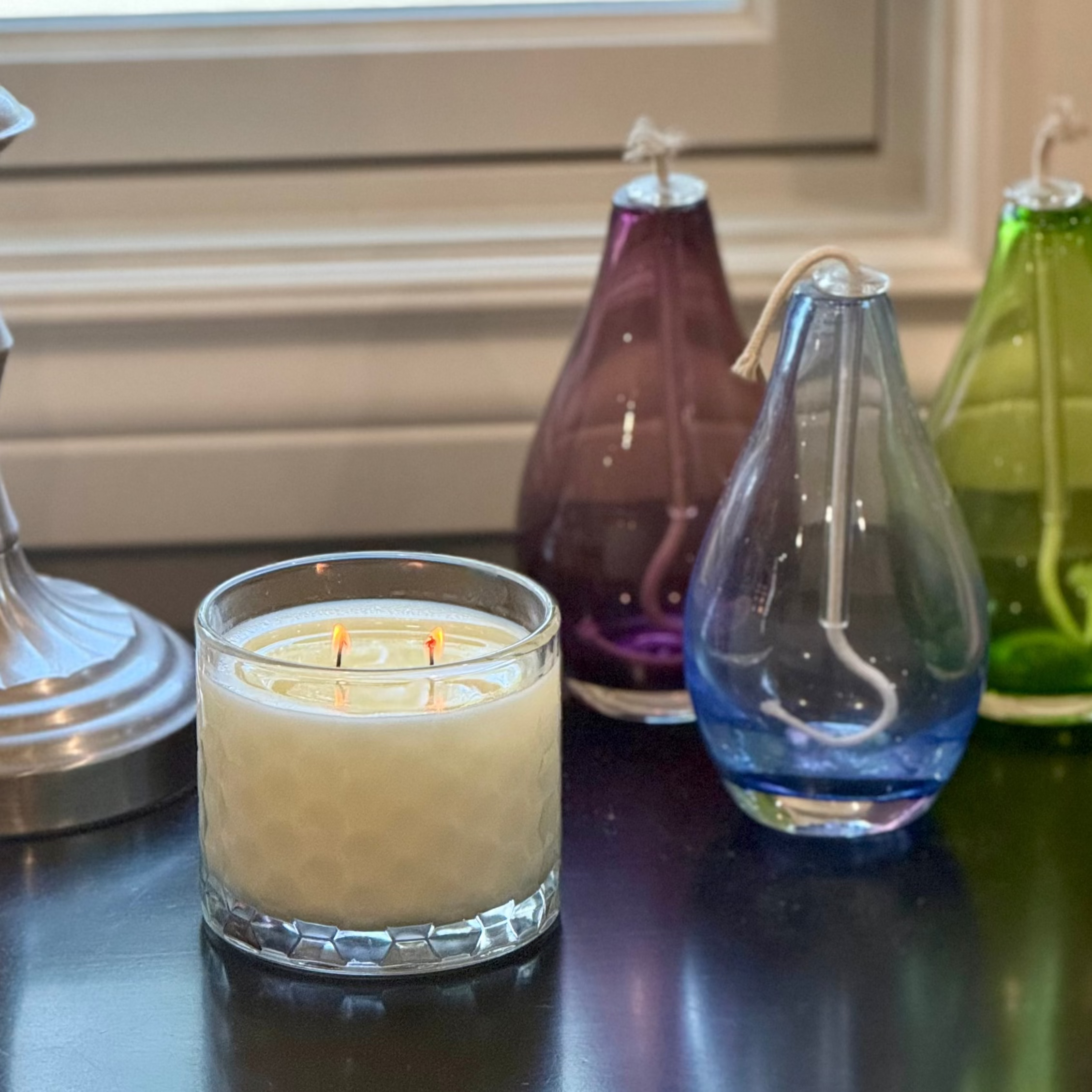 HexaGlow Candle - Whimsical Morning Bliss, side angle showing modern hexagonal vessel