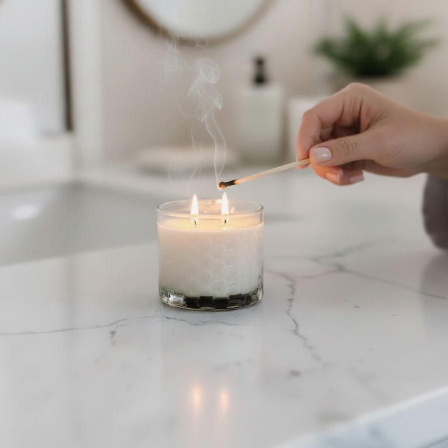 Person lighting a candle on a marble countertop in a bathroom.