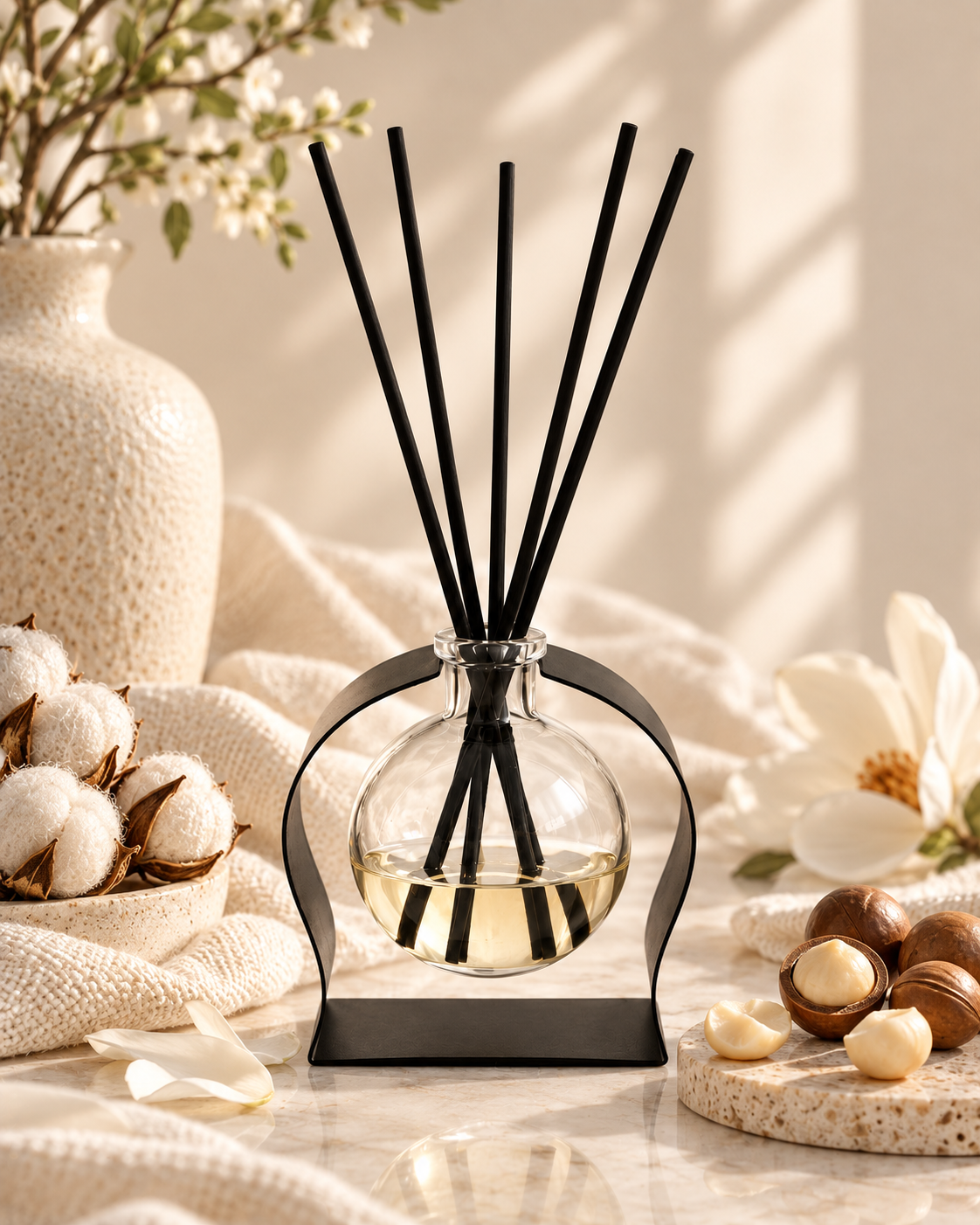 A reed diffuser with a clear glass round bottle, pale yellow liquid, and black reeds, displayed on a black metal stand. The scene is styled with a textured cream vase, cotton bolls, white flowers, and hazelnuts on a marble surface with warm sunlight and shadows.