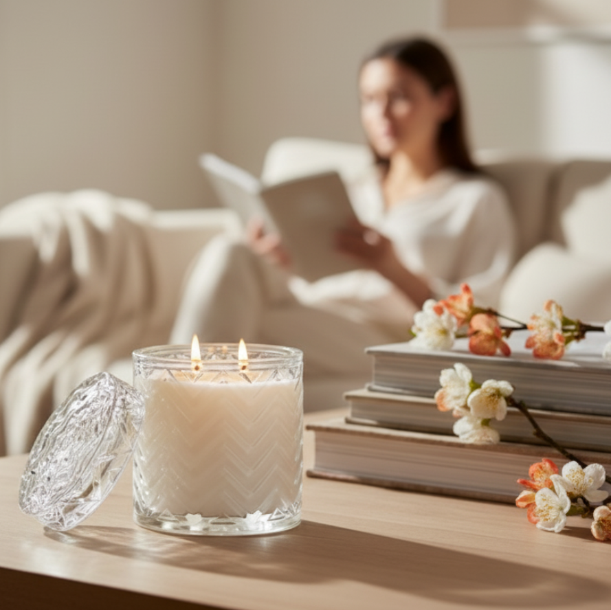 Candle on a table with a woman reading in the background