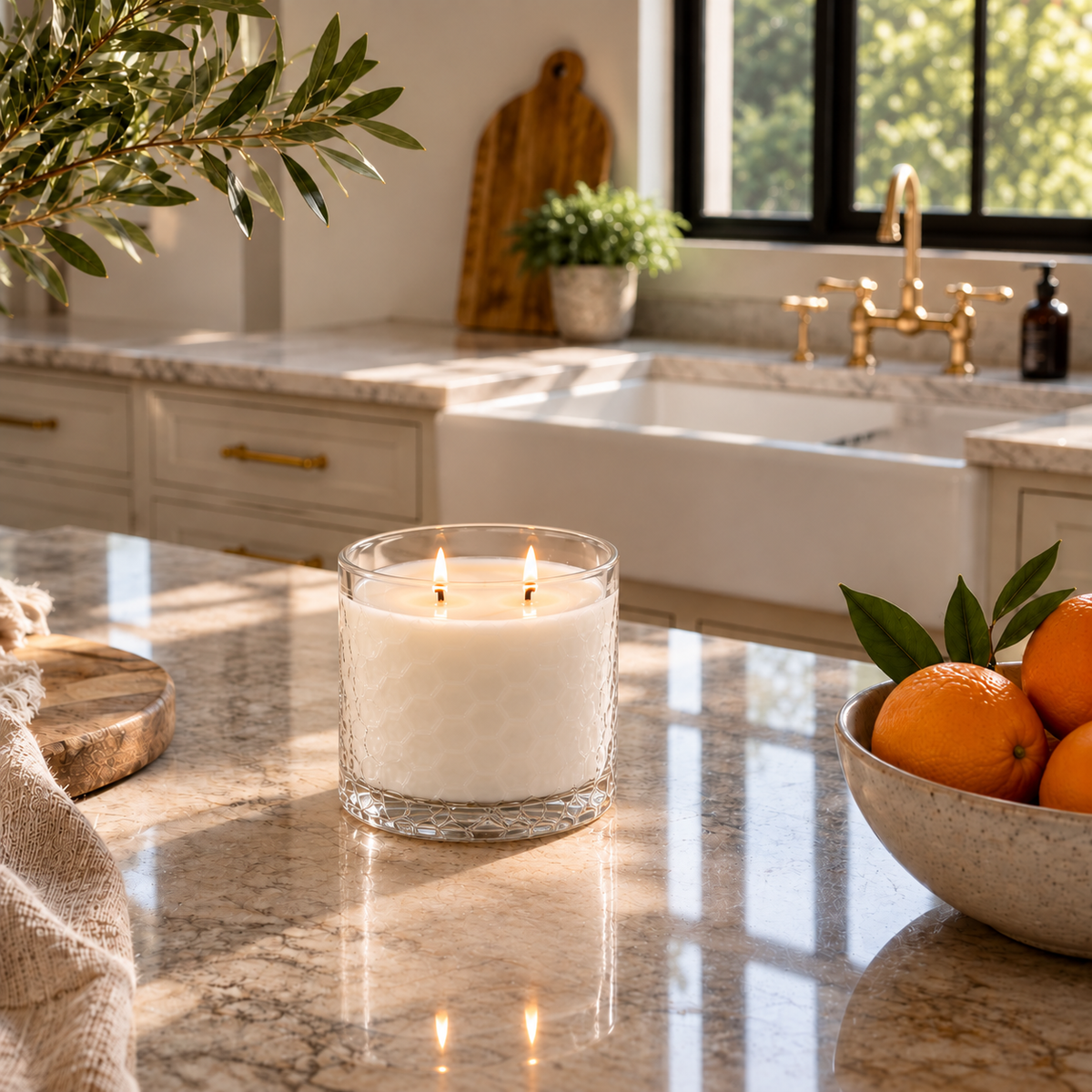 A two-wick scented candle in a clear textured glass jar sits on a polished marble kitchen countertop, with a bright farmhouse sink, gold faucet, oranges in a bowl, and greenery in the background.
